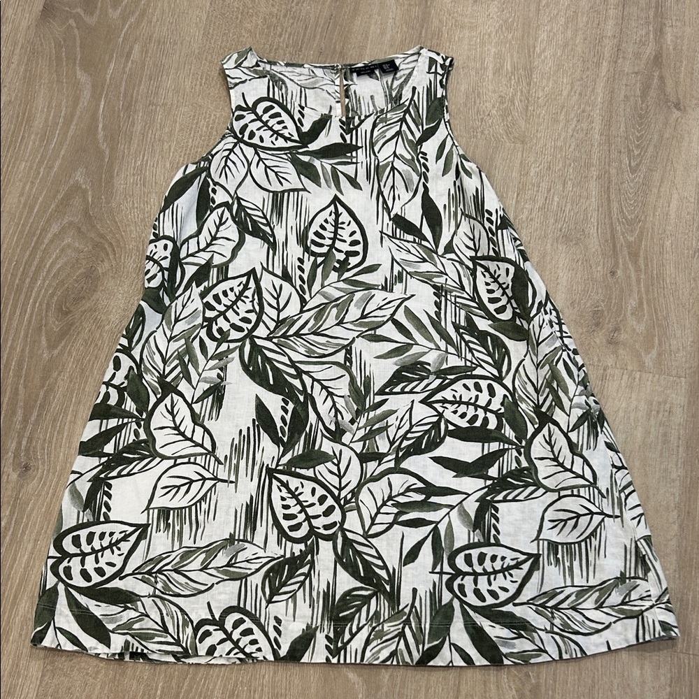 Tahari White and Olive Green Leaf-Print Mini Dress